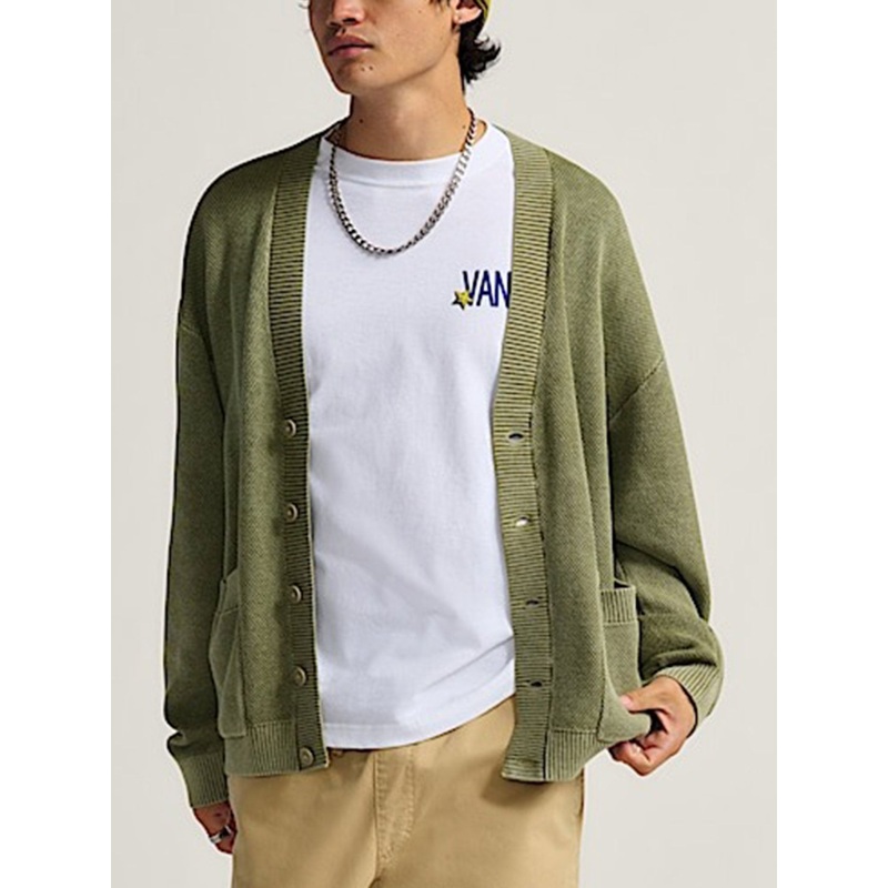 Bayview Acid Wash Cardigan Sweater MED BAY LEAF (EMF)
