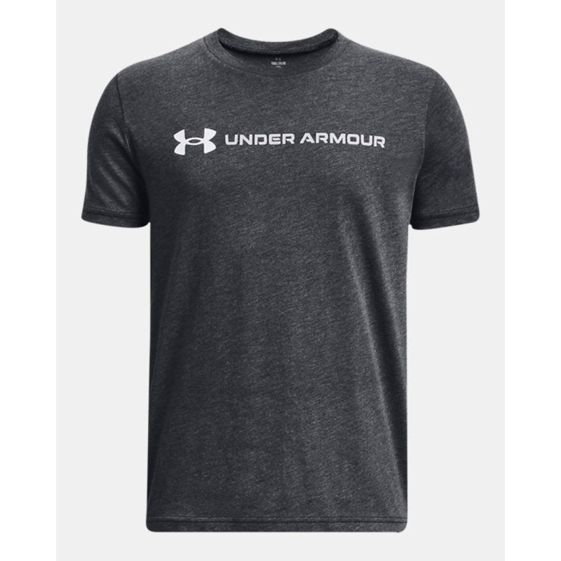Boy’s UA Logo Wordmark Short Sleeve BLACK MEDIUM HEATHER/WHITE/MOD GREY XS