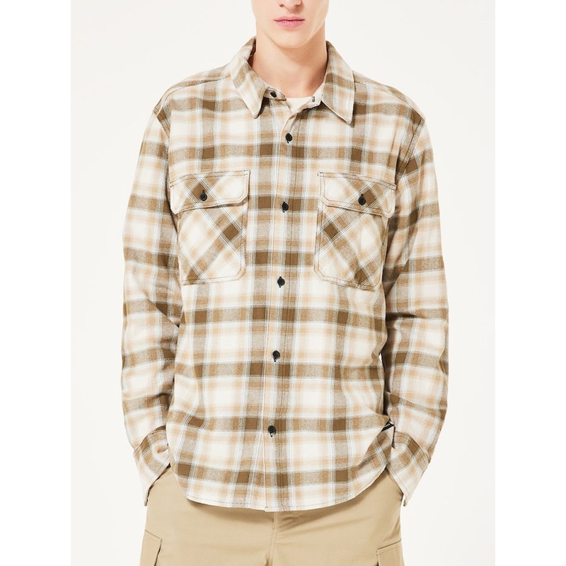 90S Plaid Long Sleeve Buttondown Shirt MED MIST/PEBBLE/ARMY GREEN (BGG)