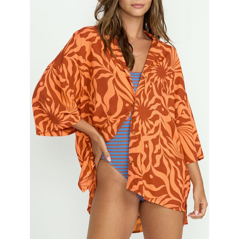 Beach Side Printed Short Sleeve Buttondown Shirt XS ORANGE SQUEEZE (NJY0)