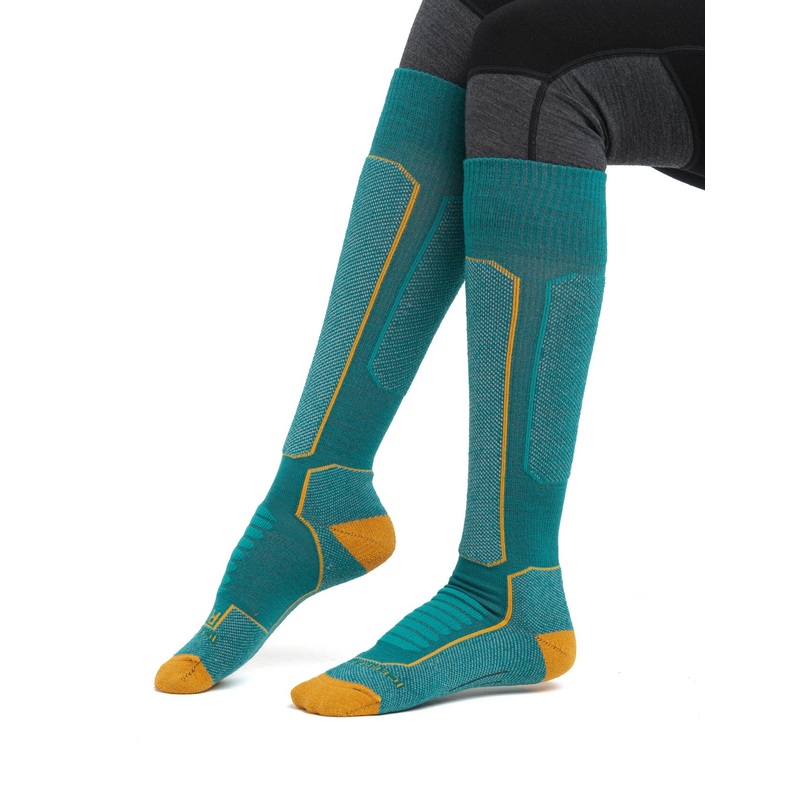 Women’s Merino Ski+ Medium Over the Calf Socks FLUX GREEN/SOLAR S