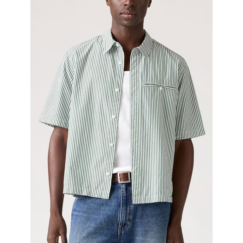 Zandt Cropped Waylon Stripe Dark Green Short Sleeve Buttondown Shirt MED WAYLON STR DARK GREEN (0001)